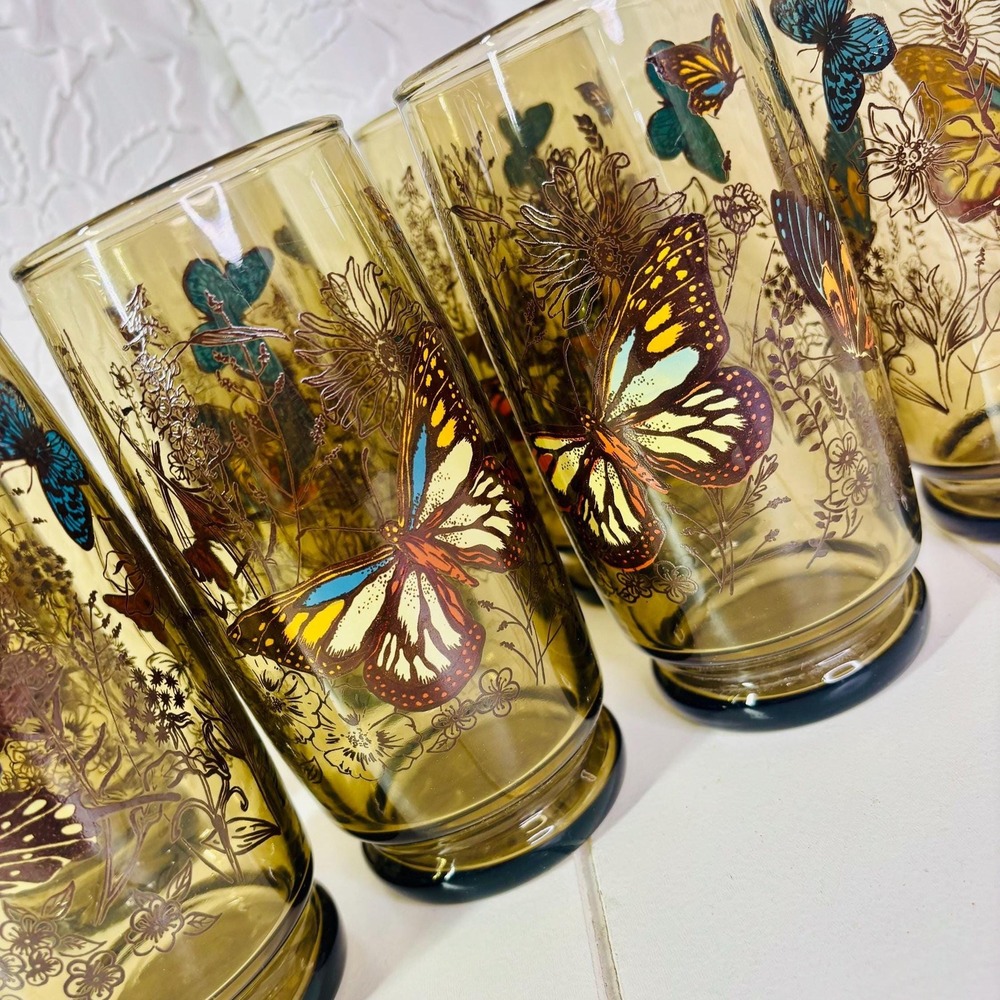 Vintage MCM Amber Tumbler Glasses Colorful Boho Bohemian Butterfly - Picture 6 of 8